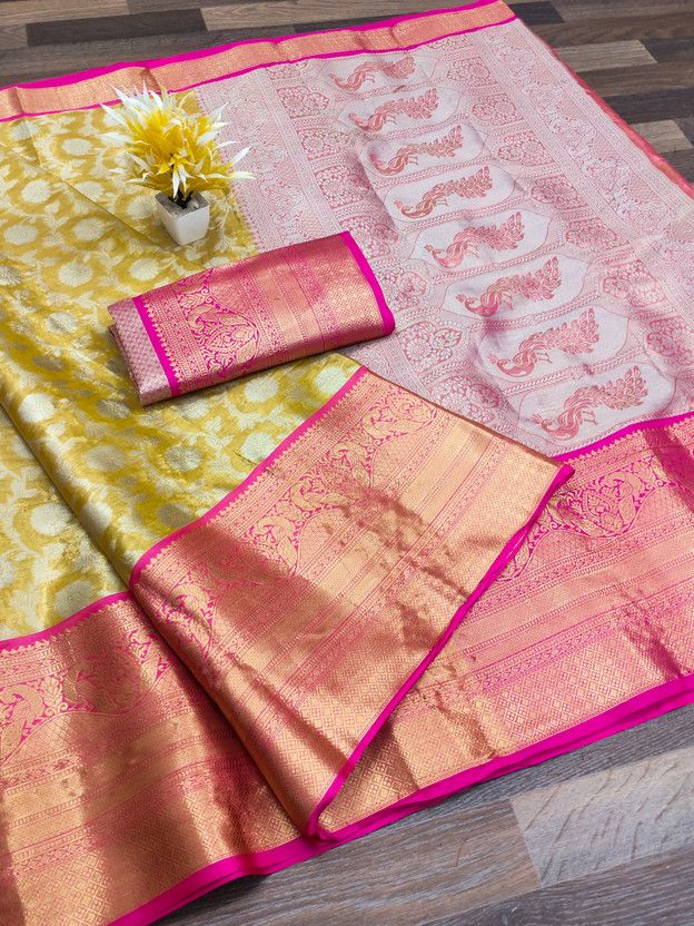Woven Dharmavaram Art Silk Saree  (Yellow)