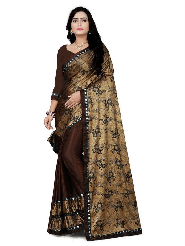 Printed, Embellished Bollywood Lycra Blend Saree  (Brown)