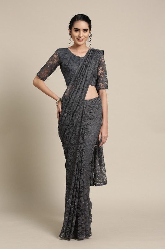 Self Design Bollywood Net, Brasso Saree  (Grey)