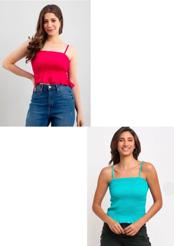 Pack of 2 Casual Sleeveless Solid Women Light Blue, Red Top