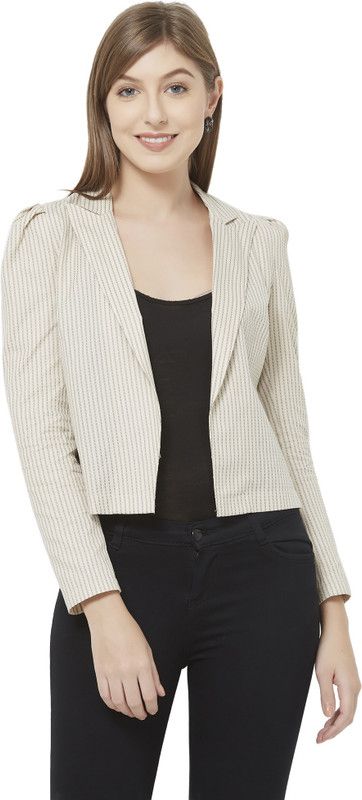 Women Checkered Tuxedo Style Casual Blazer  (Beige)