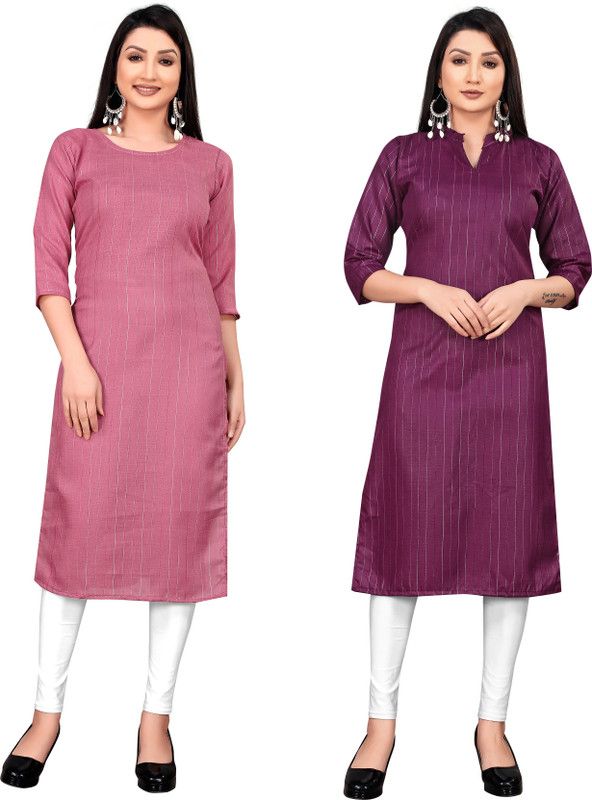 Pack of 2 Women Colorblock Cotton Rayon, Cotton Silk A-line Kurta  (Pink)