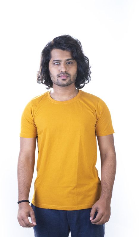 Men Solid Round Neck T-Shirt 100% Biowash Cotton Men Solid Round Neck Cotton Blend Yellow T-Shirt