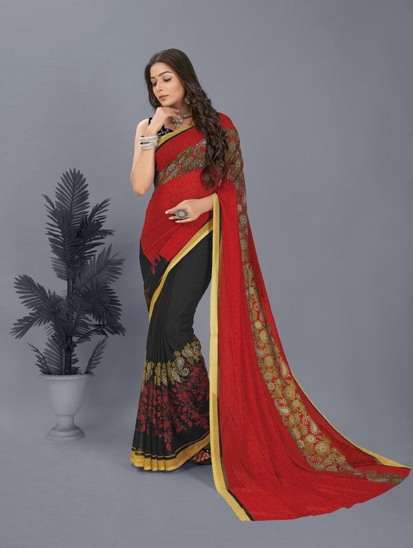 Paisley, Floral Print Bollywood Georgette Saree  (Red, Black)