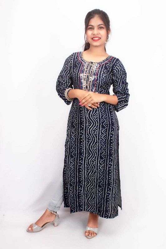 Women Bandhani Chanderi Straight Kurta  (Blue)