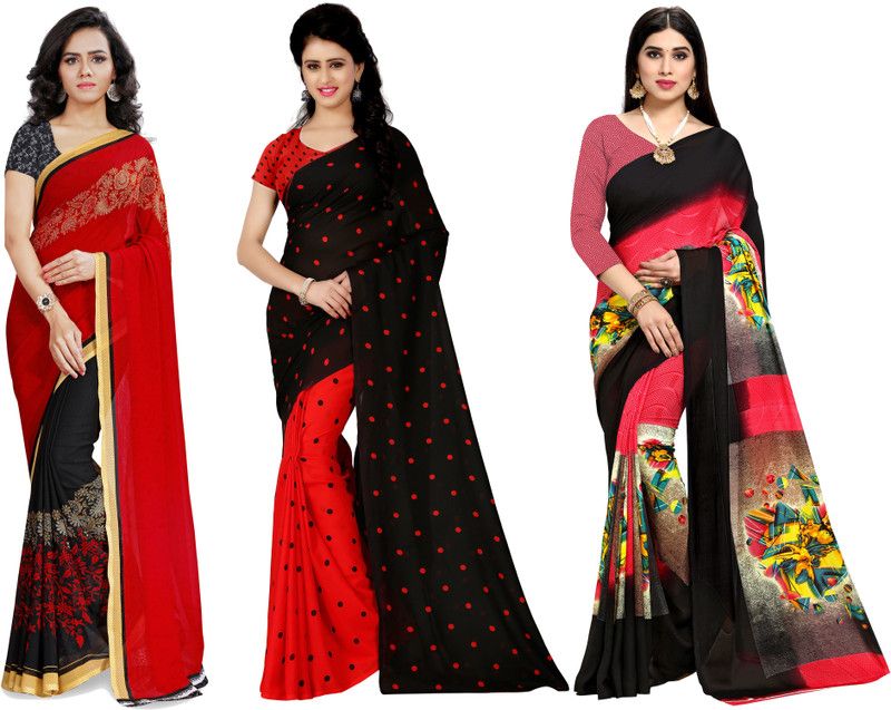 Printed, Graphic Print, Polka Print Daily Wear Georgette Saree  (Pack of 3, Red, Black, Pink)