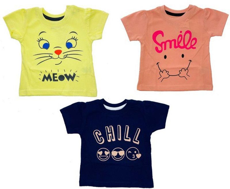 Baby Girls Printed Pure Cotton T Shirt  (Multicolor, Pack of 3)