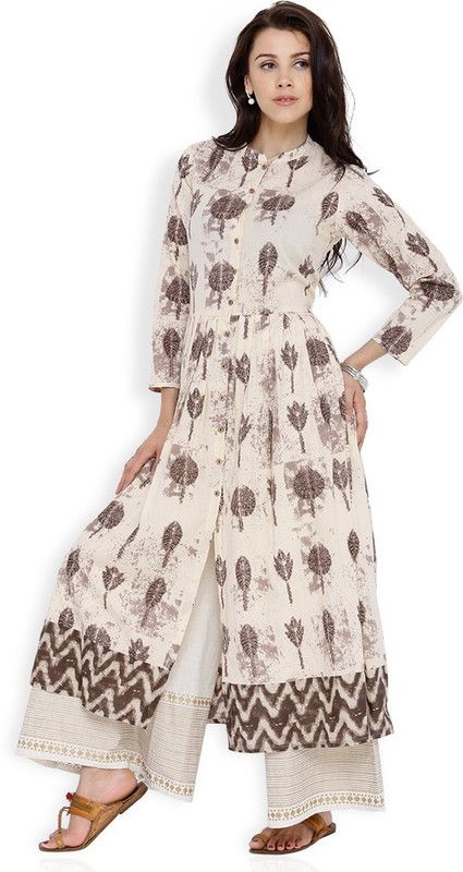 Women Printed Cotton Blend Frontslit Kurta  (Brown, Beige)