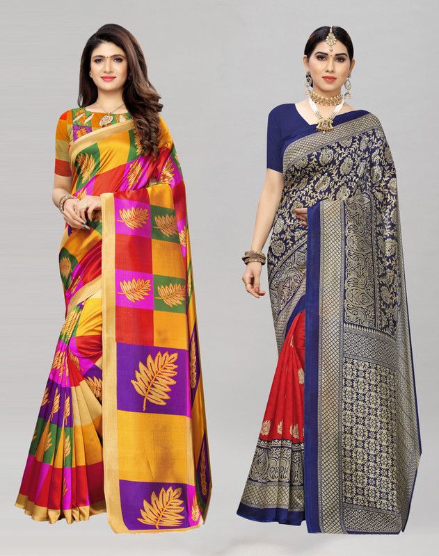 Printed Banarasi Silk Blend Saree  (Pack of 2, Dark Blue, Yellow)
