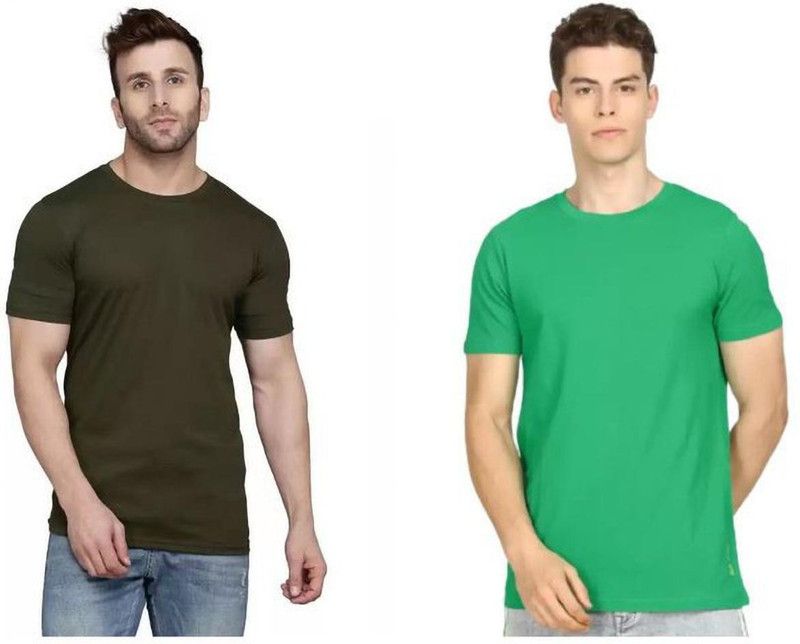 Pack of 2 Men Solid Round Neck Cotton Blend Dark Green, Green T-Shirt