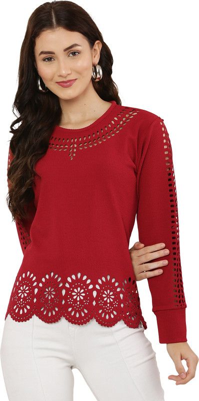 Casual Regular Sleeves Laser Cut Women Maroon Top