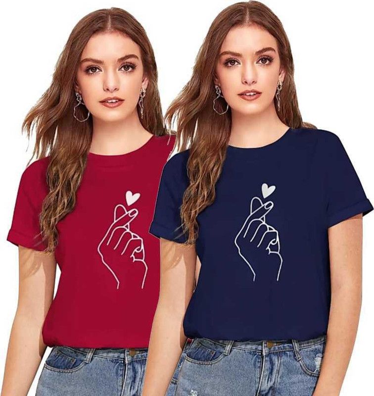 Pack of 2 Women Printed Round Neck Pure Cotton Maroon, Blue T-Shirt
