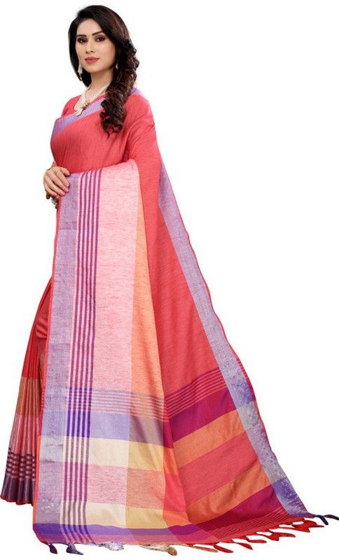 Striped Bollywood Linen, Chanderi Saree  (Red)