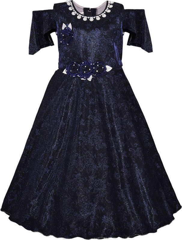 Girls Maxi/Full Length Party Dress  (Dark Blue, Short Sleeve)