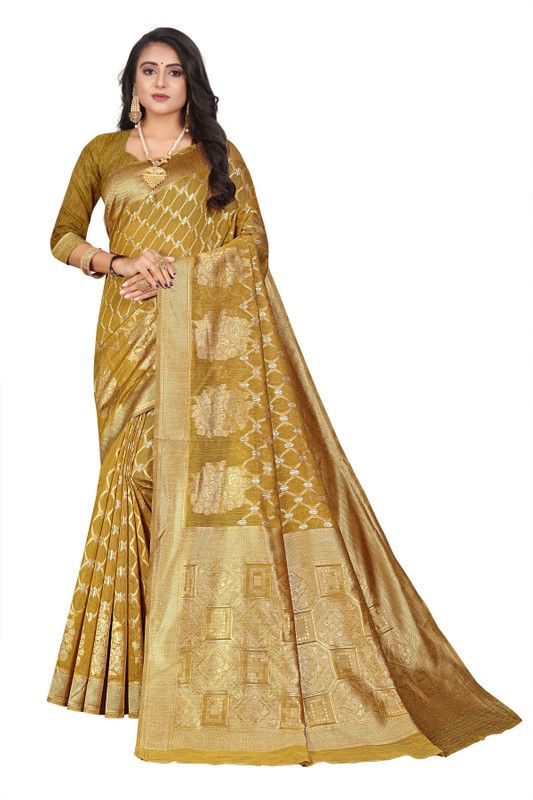 Woven Chanderi Cotton Blend, Jacquard Saree  (Gold)