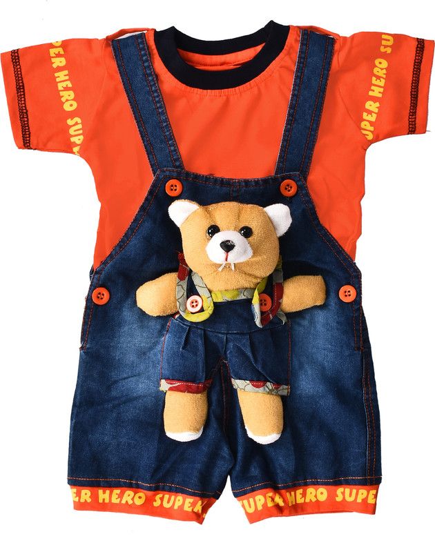 Dungaree For Boys & Girls Casual Printed, Embroidered Cotton Blend  (Orange, Pack of 1)