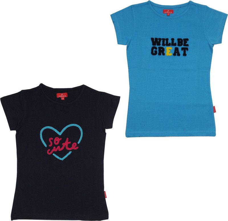 Girls Printed Pure Cotton T Shirt  (Green, Pack of 2)