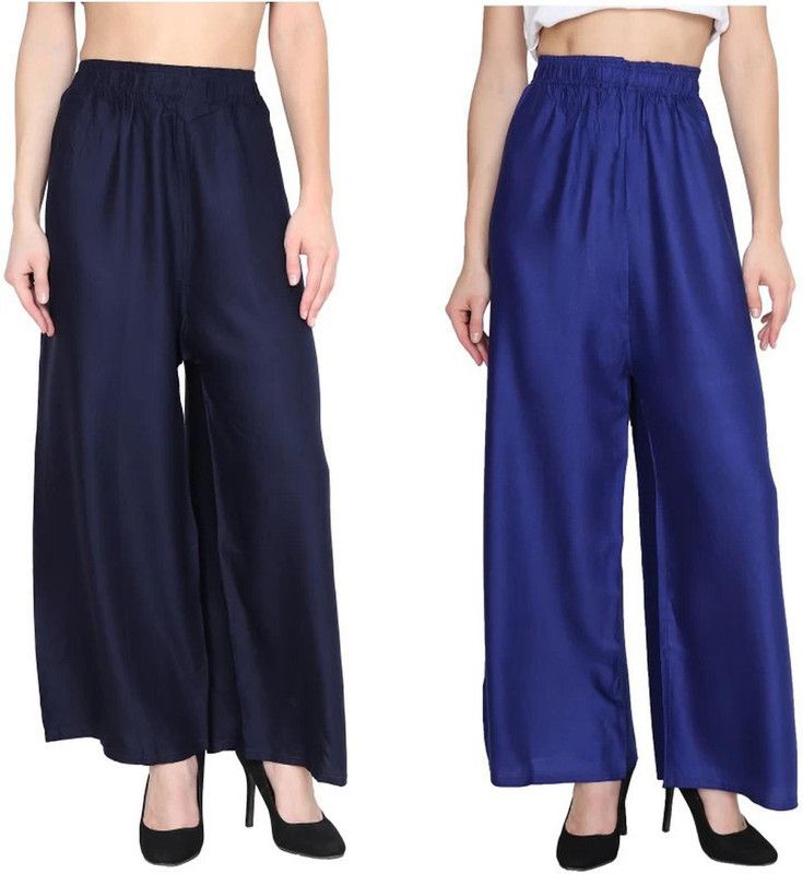 Pack of 2 Women Flared, Regular Fit Dark Blue, Blue Cotton Blend Trousers