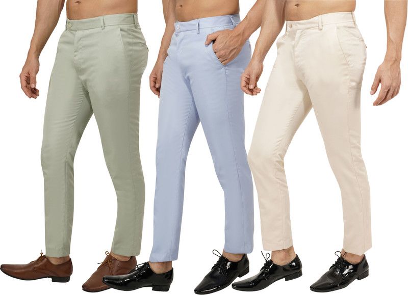 Pack of 3 Men Regular Fit Light Green, Light Blue, Beige Cotton Blend Trousers
