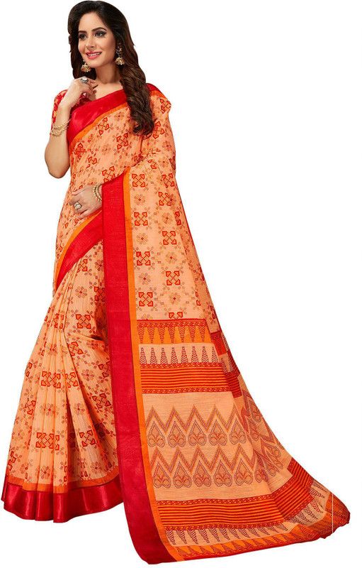 Printed Fashion Pure Cotton Saree  (Orange)