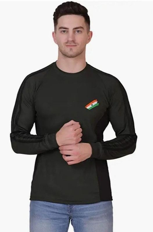 Men Striped Round Neck Poly Cotton Dark Green T-Shirt