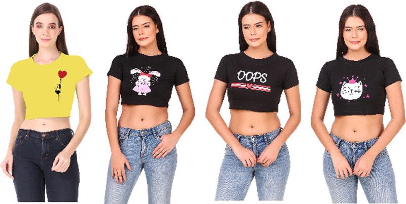 Pack of 4 Casual Regular Sleeves Printed Women Black, Yellow Top