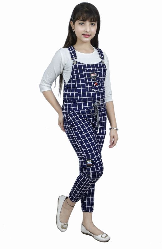 Dungaree For Girls Casual Checkered Lycra Blend  (Blue, Pack of 1)