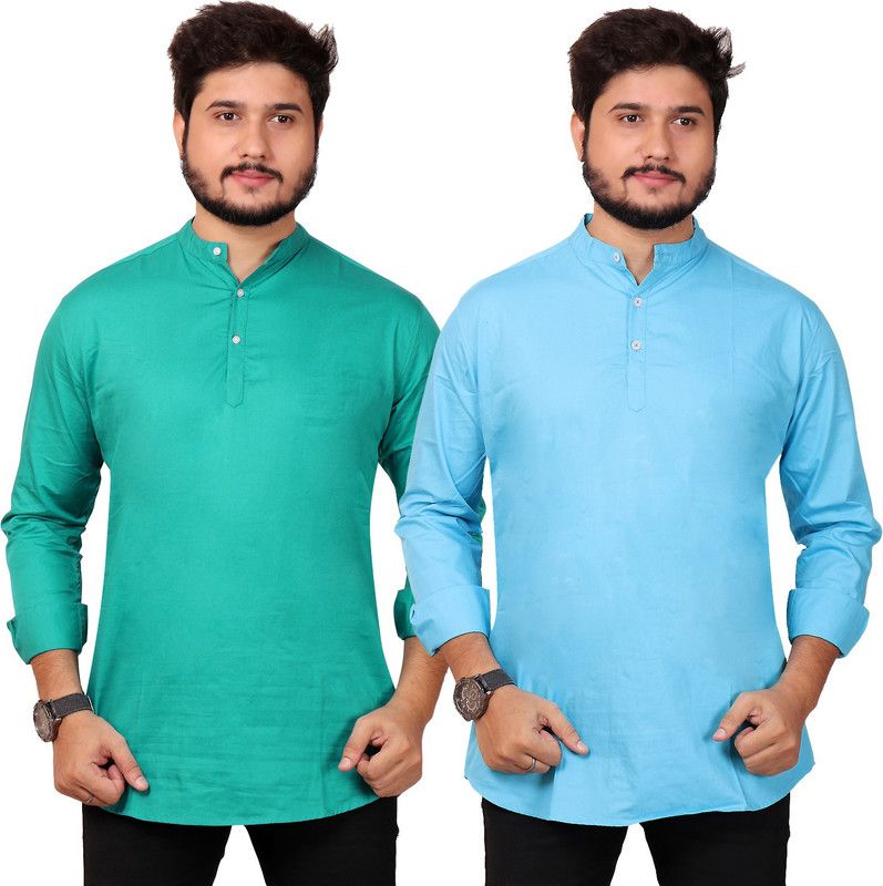 Pack of 2 Men Printed, Solid Cotton Blend Straight Kurta  (Light Blue, Green)