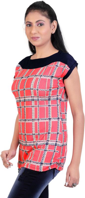 Casual Cap Sleeves Checkered Women Pink Top