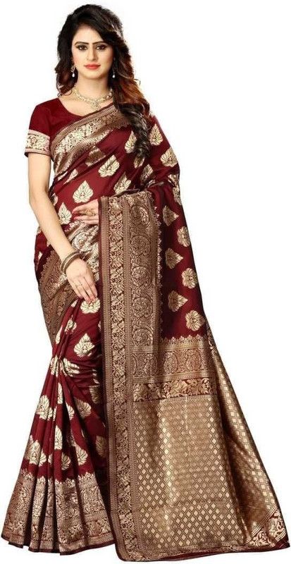 Woven Banarasi Silk Blend Saree  (Maroon, Gold)