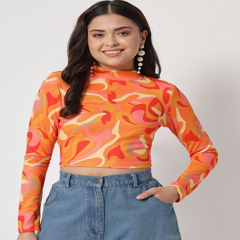 Casual Extended Sleeves Printed Women Orange Top