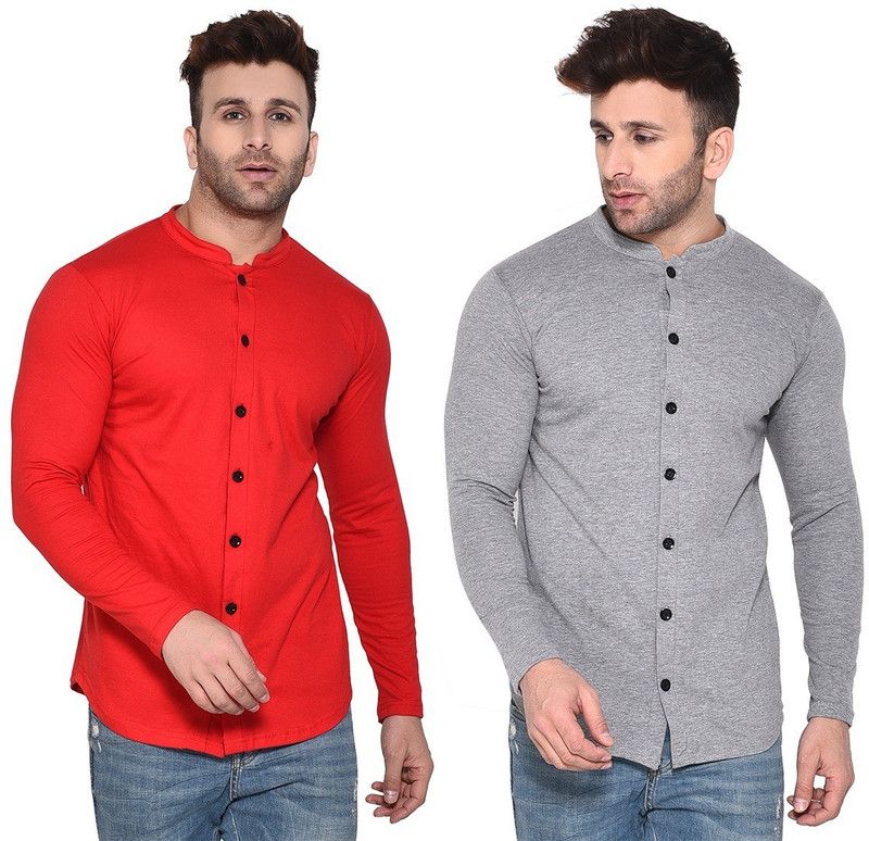 Men Solid Casual Grey, Red Shirt  (Pack of 2)