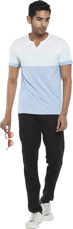 Men Striped V Neck Pure Cotton Blue T-Shirt