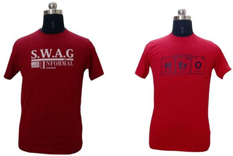 Pack of 2 Men Self Design Round Neck Cotton Blend Red, Maroon T-Shirt