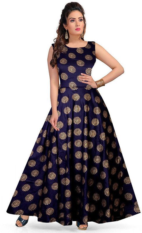 Printed Cotton Rayon Stitched Anarkali Gown  (Blue)