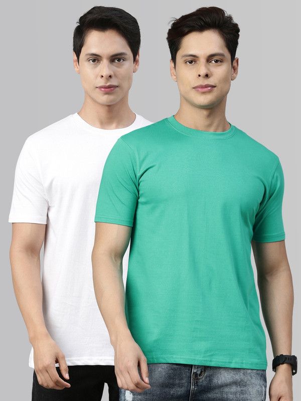 M0011-PO2 Men Solid Round Neck Cotton Blend Green, White T-Shirt