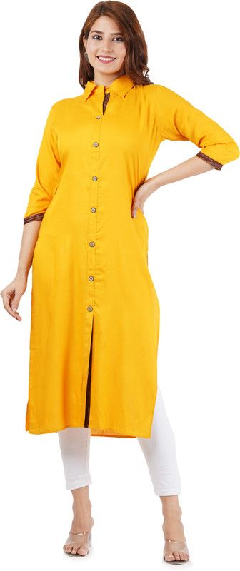 Women Solid Viscose Rayon Asymmetric Kurta  (Yellow)
