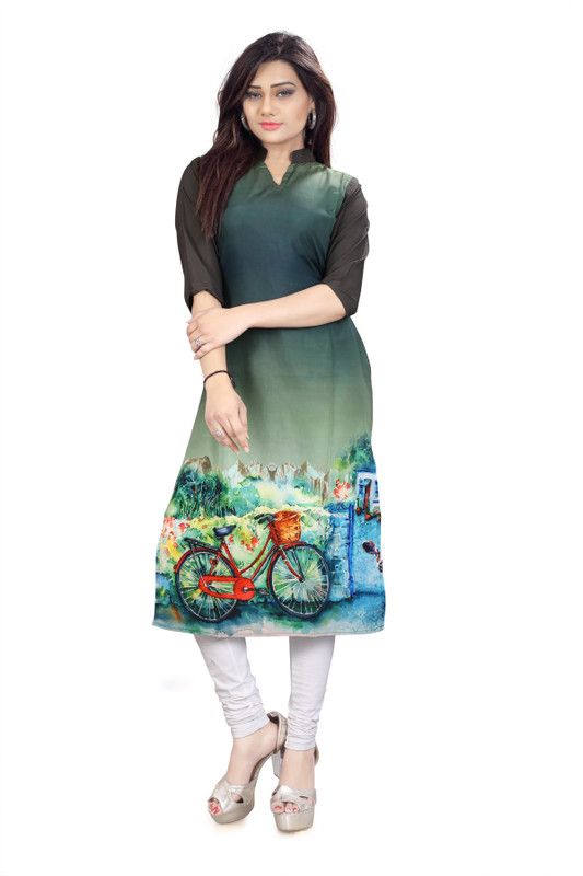 Women Printed Crepe Straight Kurta  (Green, Blue, Brown)