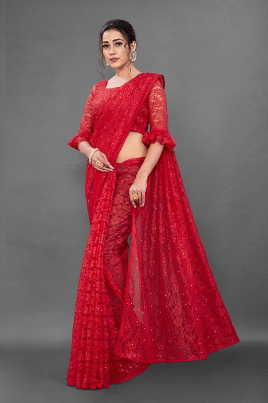 Embellished Handloom Net Saree  (Red)
