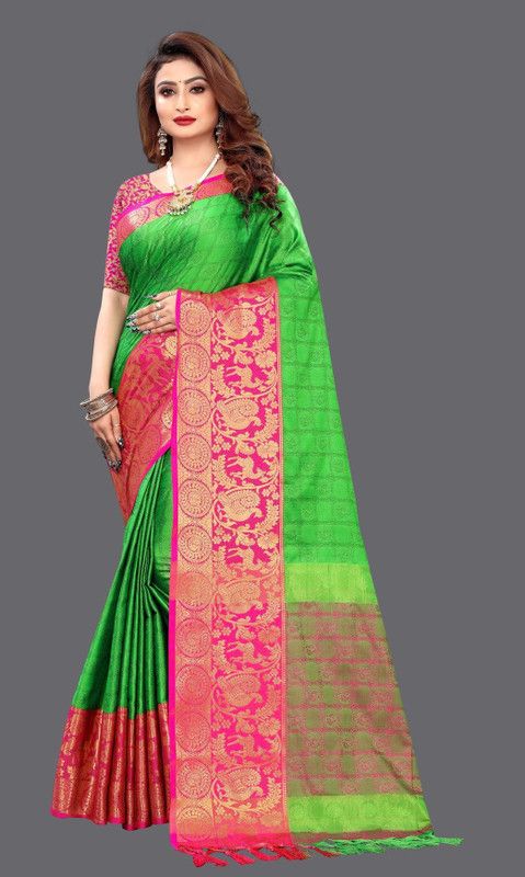 Printed, Self Design, Digital Print, Ombre, Embroidered, Woven, Embellished, Animal Print, Dyed Pochampally Art Silk, Cotton Silk Saree  (Pink, Light Green)