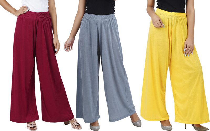 Pack of 3 Women Flared Maroon, Grey, Yellow Cotton Blend Trousers
