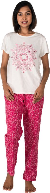 Women Top & Pyjama Set White, Pink Printed