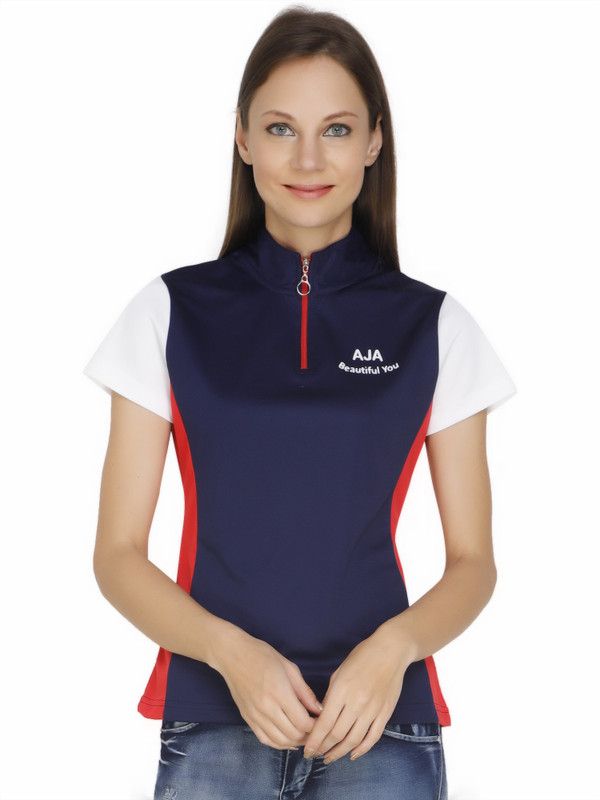 NAVY TRICOLOUR POLO Women Colorblock Polo Neck Polyester Multicolor T-Shirt