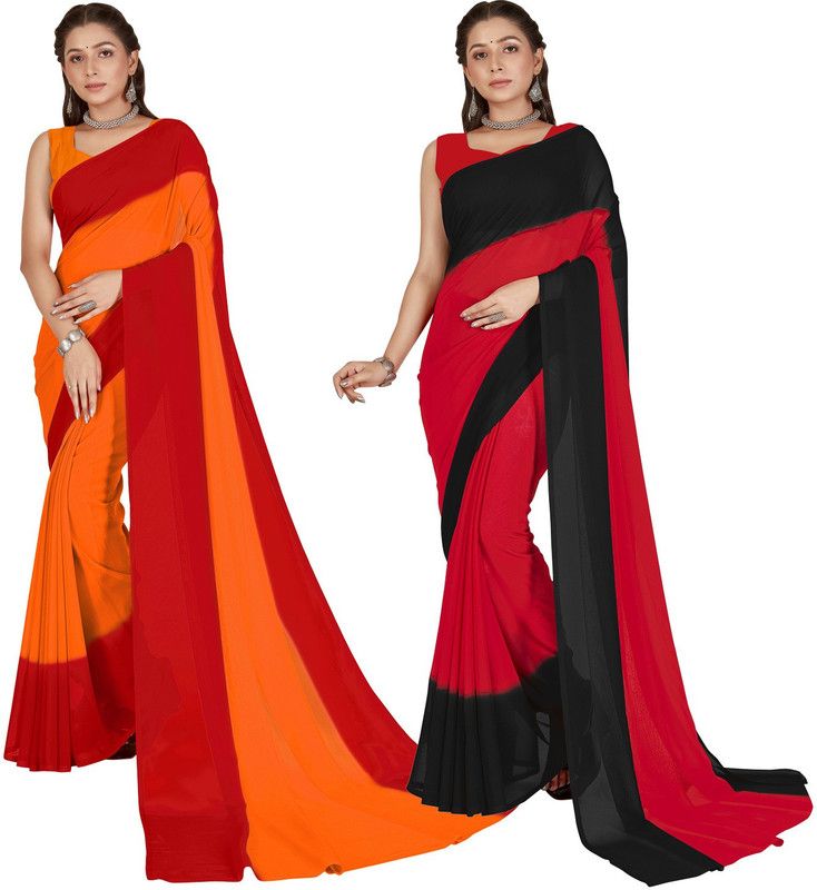 Color Block, Ombre Bollywood Georgette Saree  (Pack of 2, Red, Black, Mustard)
