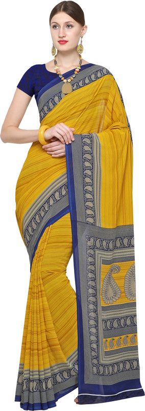 Floral Print, Geometric Print Fashion Georgette Saree  (Yellow, Blue)
