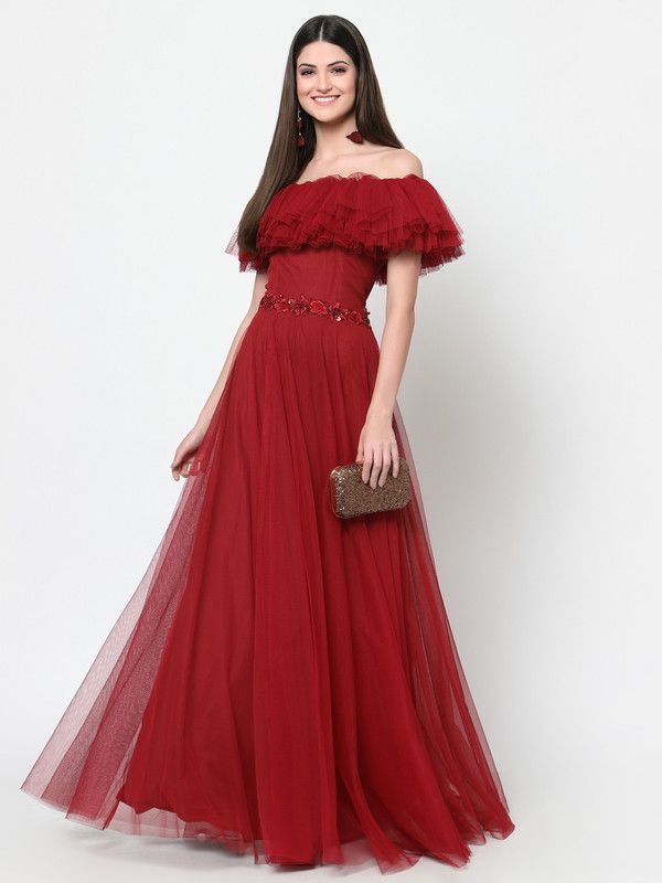 Net Stitched Flared/A-line Gown  (Maroon)