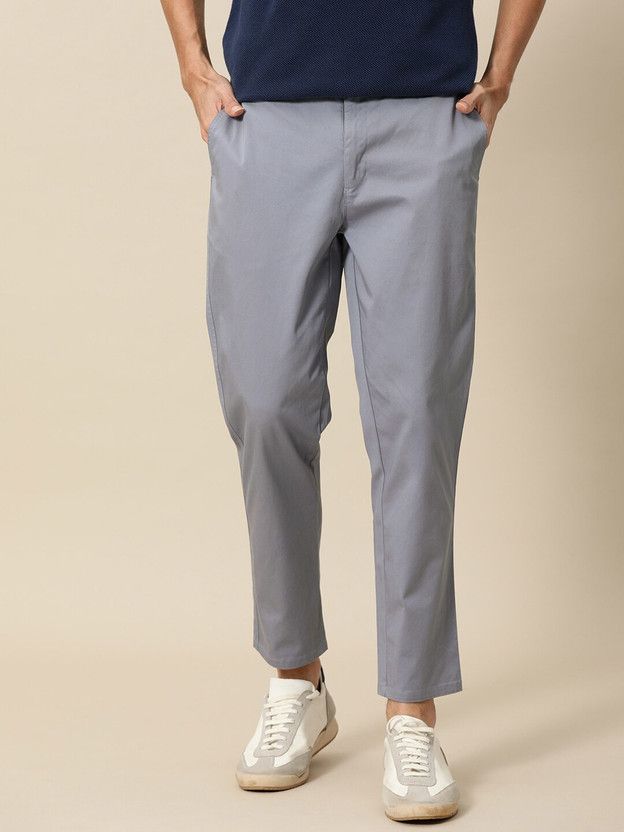 Men Tapered Blue Cotton Blend Trousers