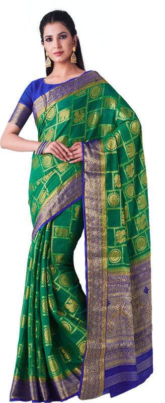 Embellished Patola Chiffon Saree  (Green)