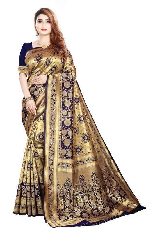 Woven Kanjivaram Jacquard, Pure Silk Saree  (Dark Blue, Gold)