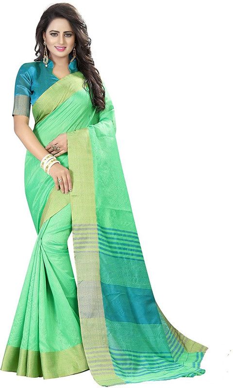 Woven Maheshwari Cotton Blend Saree  (Green)